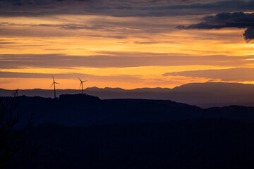 facing a sunset with windmills
