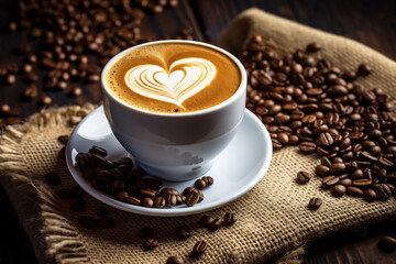 Fototapeta premium Cup of latte with heart-shaped foam art, surrounded by coffee beans on a burlap cloth, rustic wooden table setting, warm and inviting atmosphere