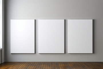 Three blank canvases hanging on wall in room.