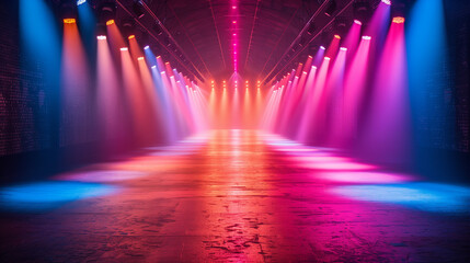 Colorful Lighting - Runway illuminated with colorful spotlights, creating a unique atmosphere and highlighting the styles