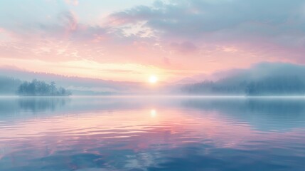 A peaceful sunrise over a calm lake, with soft pastel colors and a misty horizon, evoking a sense of purity and tranquility.