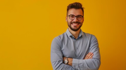 a handsome, smiling business guy wearing a shirt and glasses, feeling confident with crossed arms, isolated on a yellow background