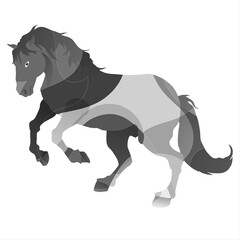 A stylized horse is depicted with overlapping transparent layers, creating a dynamic and modern look. The grayscale color palette emphasizes the horse's movement and form.
