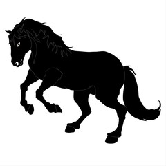 A black silhouette of a horse is depicted in a rearing position, with its mane and tail flowing. The stark contrast of black against a white background emphasizes the horse's dynamic pose.