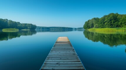 A serene image of a calm lake with a single, perfectly placed wooden dock extending into the water, framed by a clear, blue sky, evoking a sense of peace and the elegance of unador
