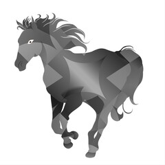 A stylized horse in dynamic motion features sharp geometric shapes and shades of gray, with its flowing mane adding to the sense of movement. The minimalistic background emphasizes the horse's lively 
