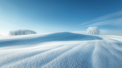 A serene landscape of a snow-covered field under a clear blue sky, highlighting the pure and untouched nature of the scene.