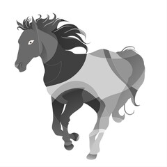 A stylized horse is depicted in shades of gray, showcasing a flowing mane and dynamic posture. It conveys a sense of motion and grace against a simple white background.