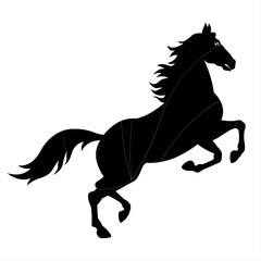 A silhouette of a rearing horse captures a sense of strength and movement. The horse's mane and tail flow dynamically, adding to the sense of energy.