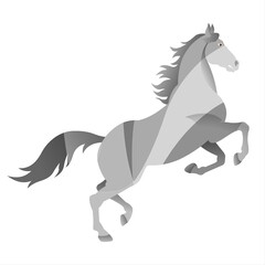 A stylized, geometric depiction of a horse captures its elegance in mid-gallop with a blend of grey tones. The flowing mane and tail add a sense of movement to the dynamic composition.