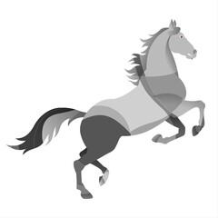 A stylized horse is depicted in shades of gray and black, giving it a modern, geometric appearance. Its mane and tail flow dynamically as it appears to be in mid-gallop.