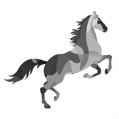 A horse is depicted in shades of grey, rearing up with a sense of dynamic energy. Geometric shapes form the horse's body, creating a modern, abstract look.
