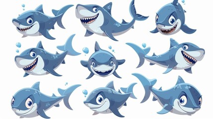 Sharks in cartoon illustrations in different poses. Baby underwater animals laughing, sleeping, swimming, smiling, being sad, scared and angry. Marine animal, fish concept.
