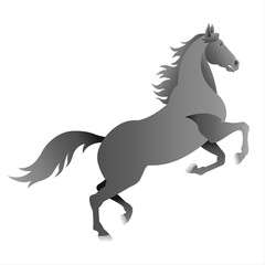 A gray horse is depicted in a rearing pose with its forelegs lifted off the ground. It features a stylized design with smooth curves and a gradient shading that gives it a three-dimensional appearance