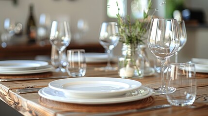 A simple, unadorned table setting with white plates, clear glasses, and stainless steel cutlery, arranged neatly on a wooden table.
