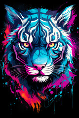 Tiger with colorful paint splatters on it's face.