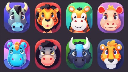 A set of cute animals in square images. Cartoon farm fauna. Funny muzzles. Animals from Chinese horoscopes. Happy tiger and horse. Artistic set of png mammals.