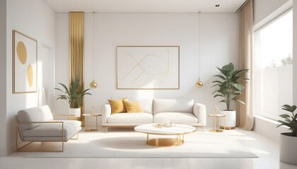 white and gold theme interior modern minimalism photo realism
