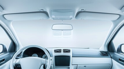 Front windshield of a white car as mockup on neutral studio background from back seat inside interior