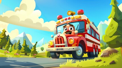 Cartoon illustration for children of a smiling fireman bus - illustrations for children