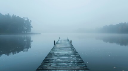 Fototapeta premium A solitary wooden pier extending into a calm lake, with no one around and soft light creating a peaceful, open feeling.
