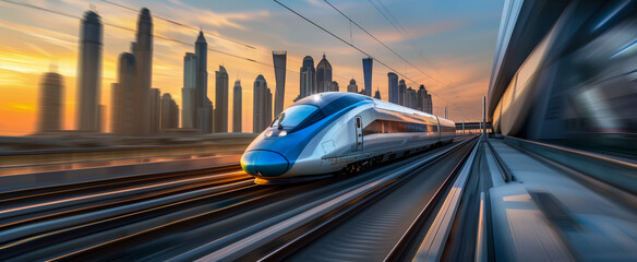 Fototapeta premium High-speed train traveling through modern city at sunset