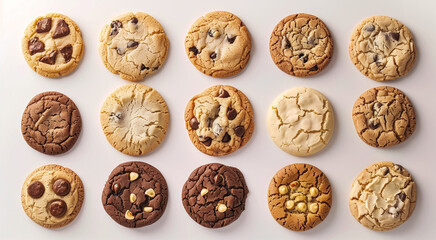 Assorted chocolate chip cookies arranged in rows on white background