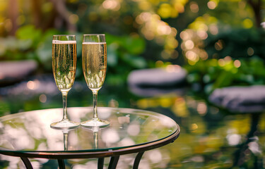 Two champagne flutes on glass table in garden