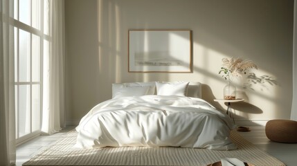 A tranquil, minimalist bedroom with a muted color scheme, featuring a neatly made bed with crisp white linens and a single piece of artwork on the wall.