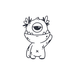 cute monster isolated on white background for coloring pages, magazines. Alien, cartoon character. Sketch, doodle.