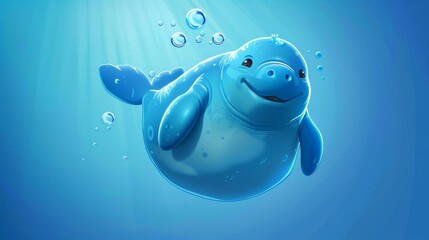 An isolated cartoon character of a Manatee or Sea Cow floating on a potato font banner