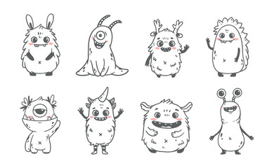 set of cartoon monsters. Cute monsters in doodle style. Kids funny character design for posters, cards, magazins. Line. 