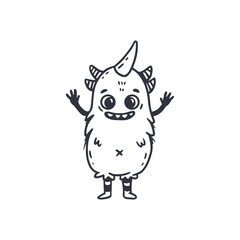 cute monster isolated on white background for coloring pages, magazines. Alien, cartoon character. Sketch, doodle.