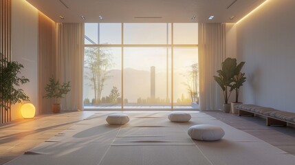 A tranquil yoga studio with soft lighting, calming music, and minimalist decor, offering a peaceful space for relaxation and meditation.