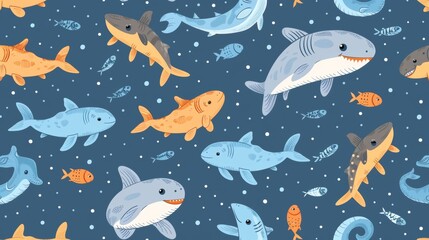 The Seamless pattern of fish with a cartoon pet shark, dolphin whale, sea ocean background gift wrapping paper illustration doodle design scarf has a seamless pattern of fish, tuna salmon and a sea