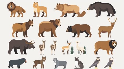 An isolated set of North American animals on a white background. Modern illustration.