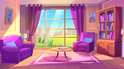 This modern cartoon illustration shows an empty lounge interior with sofa, chair, cabinet, books on a table, and a panoramic window with purple furniture and curtains.