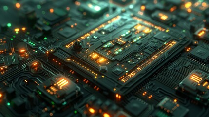 Fototapeta premium Futuristic digital technology background with metallic textures and glowing elements.