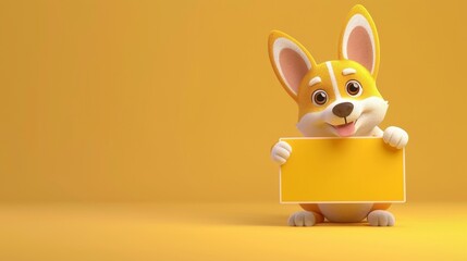 The dog cartoon has a blank sign in front of it, and the background is a 3D animal. Useful for banners, signs, logos, sales, discounts, product promotions, etc. Generative AI.
