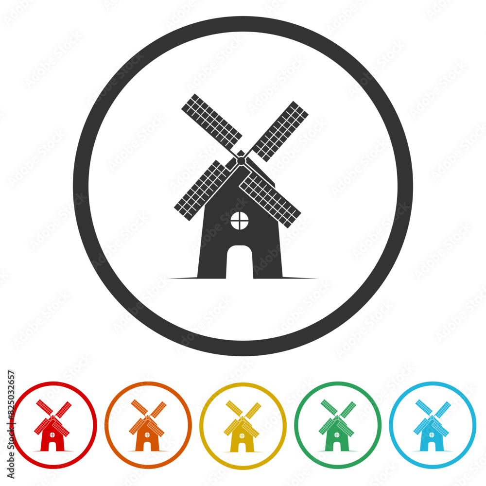 Poster windmill logo design. set icons in color circle buttons
