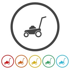 Lawn mower icon. Set icons in color circle buttons