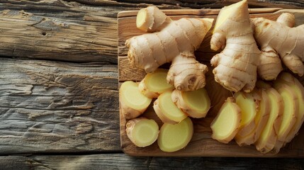 Whole and sliced ginger arranged on a wooden board, resting on a rough wooden table