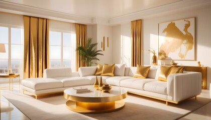 white and gold theme interior modern minimalism photo realism