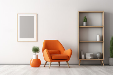 A lively orange accent chair against a light grey rug, amidst contemporary white shelves showcasing elegant objects, a blank white frame mockup hanging on the wall.