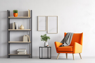 A lively orange accent chair against a light grey rug, amidst contemporary white shelves showcasing elegant objects, a blank white frame mockup hanging on the wall.