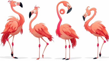 A set of cartoon pink flamingos. Tropical birds illustration for children's books, prints, fabrics, posters, postcards.