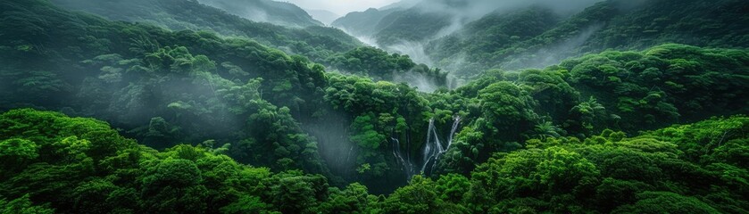 Breathtaking view of a misty forest with lush greenery and cascading waterfall nestled in the mountains, showcasing nature's serenity and beauty.