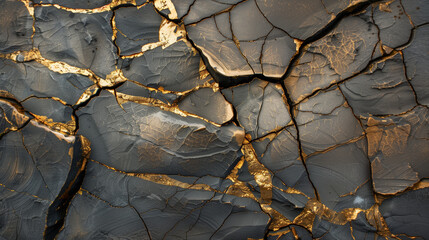 Gray cracked stone texture with veins and gold