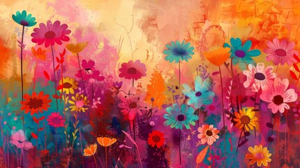 Vibrant abstract spring meadow with layered colors and textures, playful floral motifs