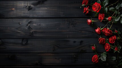 Dark wooden background with red roses on the left side, space for text or message, top view. Greeting card template for Valentine's Day, Mother day and wedding invitation design.